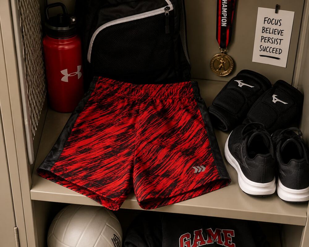 All In Motion Girls Small 6/7 Red Black Athletic Shorts Lined